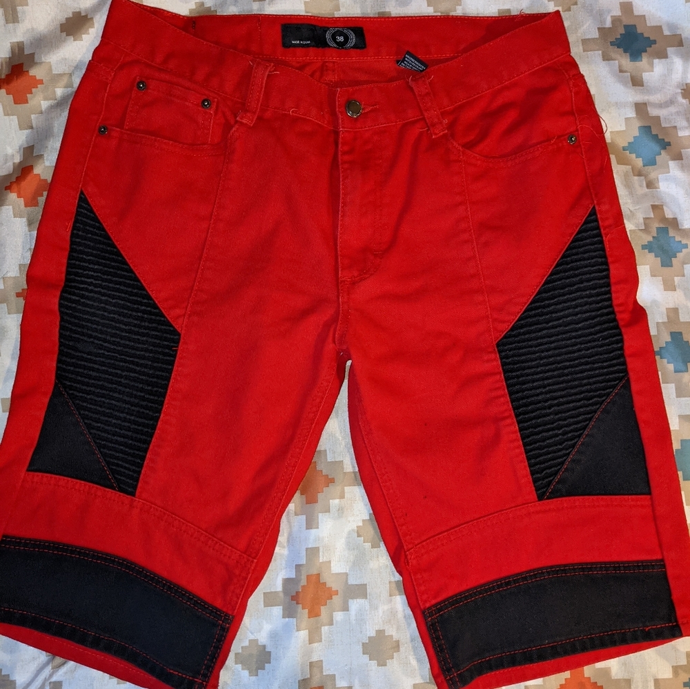 Red and black jean shorts